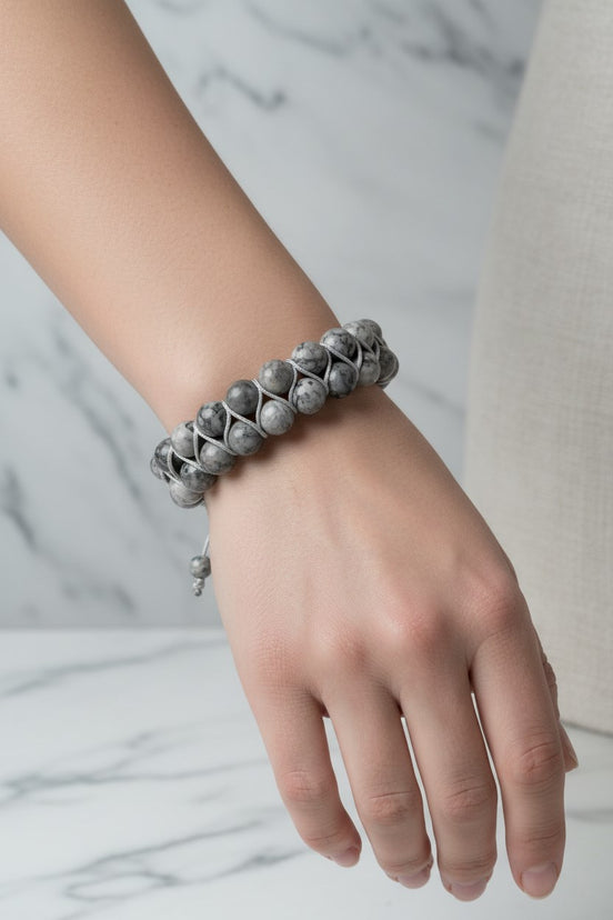 Gri Jasper 8 mm Çift Sıra Makrome Doğal Taş Bileklik