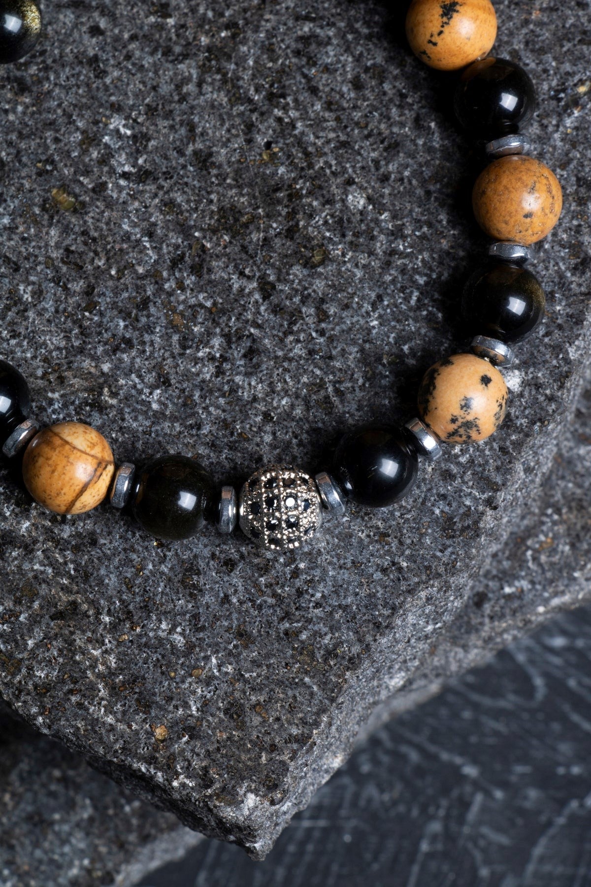 Sertifikalı Jasper, Obsidyen, Hematit Doğal Taş Makrome Bileklik