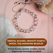 Sertifikalı Kristal Kuvars, Hematit Fasetli Doğal Taş Makrome Bileklik