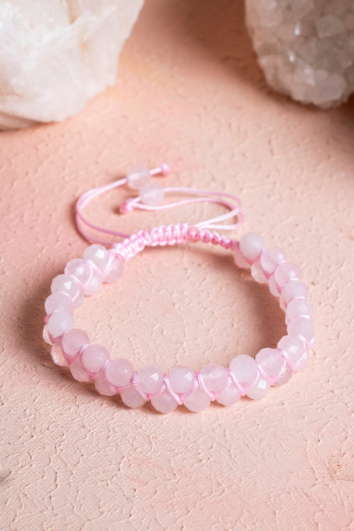 Pembe Kuvars Çift Sıra Doğal Taş Makrome Bileklik (SK:077)