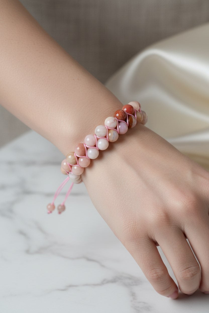 Opal Pembe 8 mm Çift Sıra Makrome Doğal Taş Bileklik