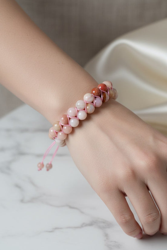 Opal Pembe 8 mm Çift Sıra Makrome Doğal Taş Bileklik