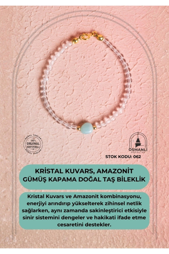 Sertifikalı Kristal Kuvars, Amazonit Gümüş Kapama Doğal Taş Bileklik (SK:062)