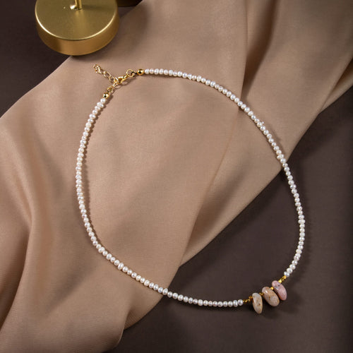 İnci & Pembe Opal Doğal Taş Kolye – Gümüş Kapama – Özel Tasarım (50 cm)