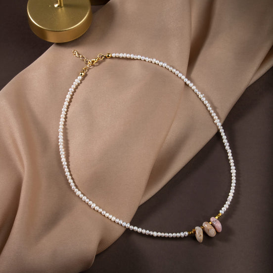 İnci & Pembe Opal Doğal Taş Kolye – Gümüş Kapama – Özel Tasarım (50 cm)