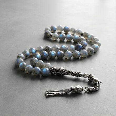 Labradorit Doğal Taş Tesbih – 925 Ayar Gümüş – 8 mm Küre Kesim