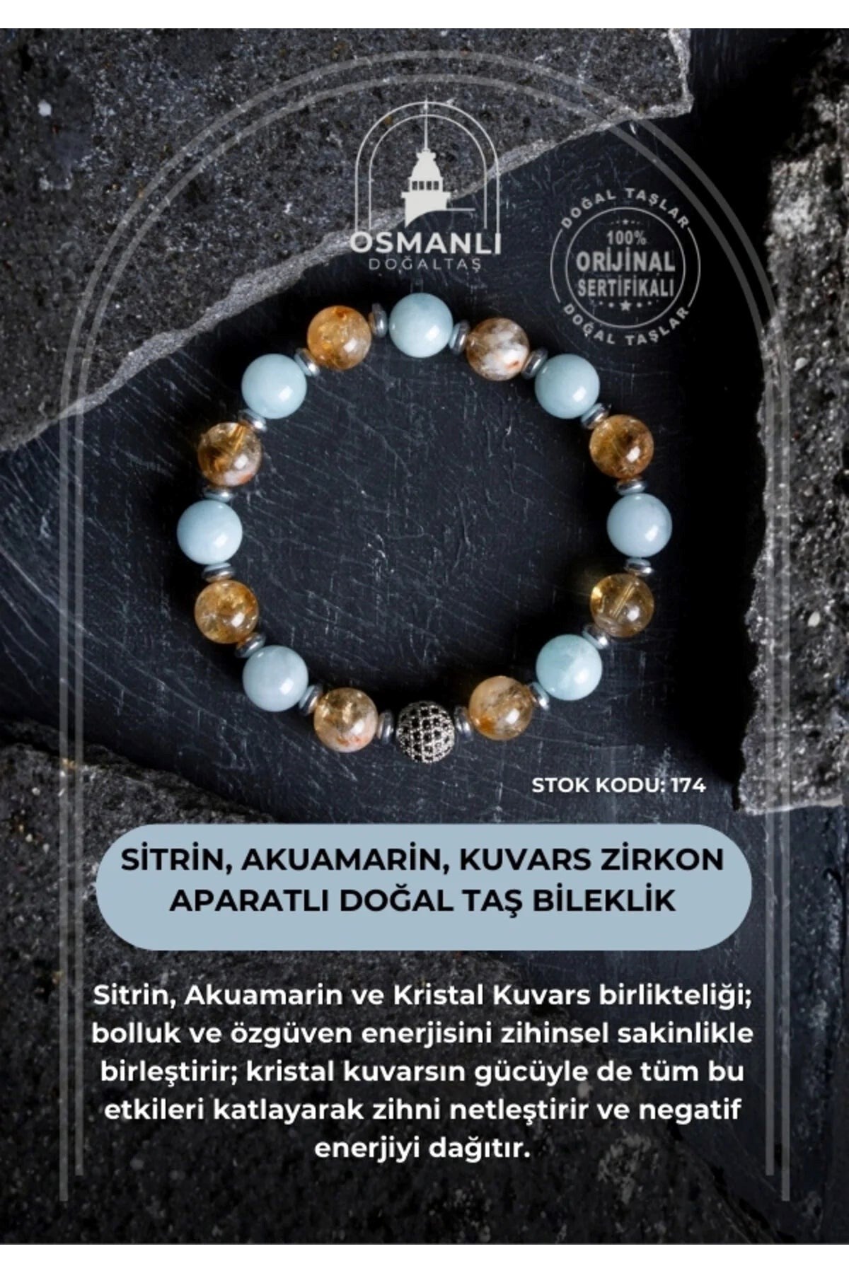Sitrin, Akuamarin, Kuvars Zirkon Aparatlı Doğal Taş Bileklik (SK:174)