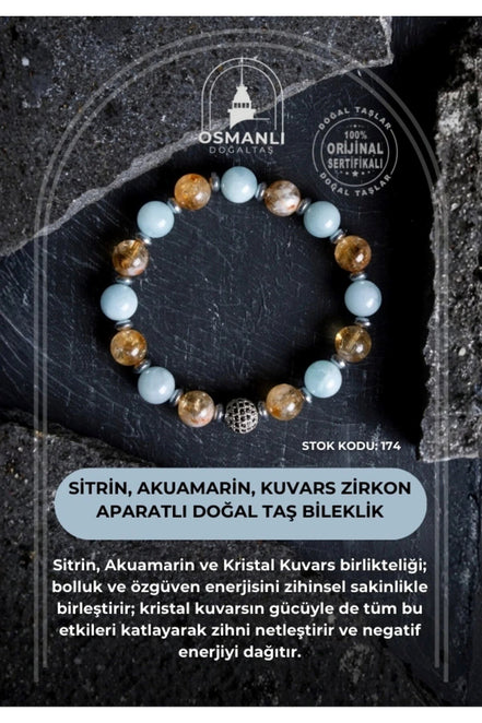 Sitrin, Akuamarin, Kuvars Zirkon Aparatlı Doğal Taş Bileklik (SK:174)