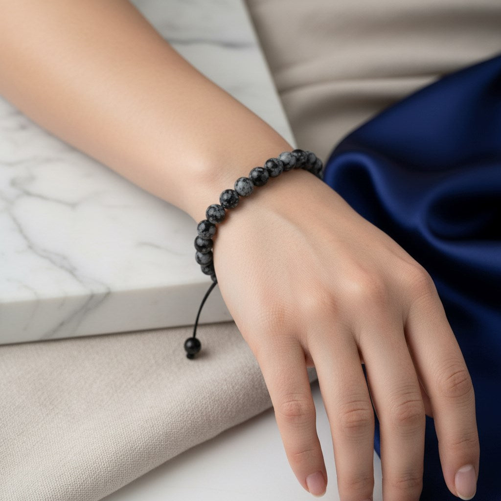 Karlı Obsidyen 6 mm Merdiven Kapama Doğal Taş Bileklik – El İşçiliği