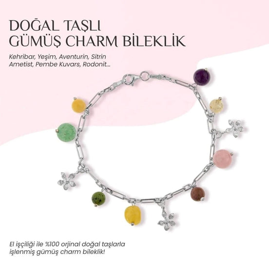 Ametist-Sitrin-Pembe Kuvars-Aventurin-Kalsit-Yeşim-Kehribar Doğal Taş Gümüş Bileklik