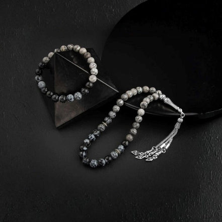 Gri Jasper-Karlı Obsidyen Doğal Taş Tesbih Bileklik Seti