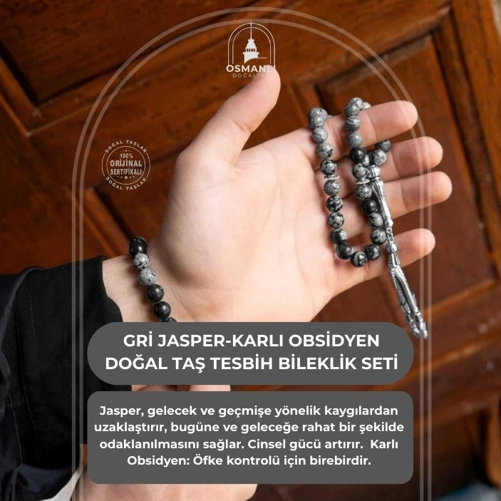 Gri Jasper-Karlı Obsidyen Doğal Taş Tesbih Bileklik Seti