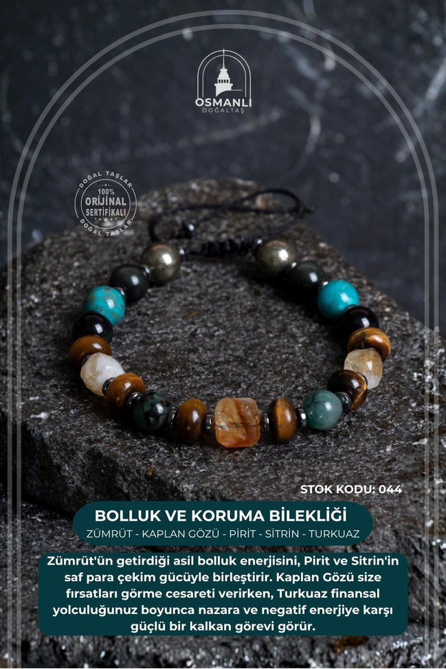 Sertifikalı Zümrüt Kaplan Gözü Pirit Sitrin Turkuaz Doğal Taş Bolluk ve Koruma Bilekliği S.K: 044