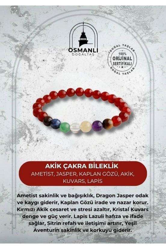 Akik Çakra Bileklik Ametist, Jasper, Kaplan Gözü, Akik, Kuvars, Lapis