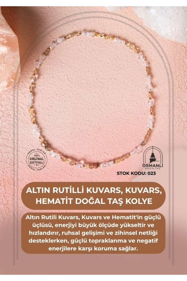 Sertifikalı Altın Rutilli Kuvars, Kuvars, Hematit Doğal Taş Kolye (SK:023)