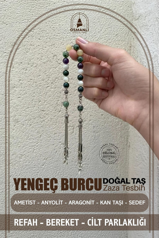 Yengeç Burcu Zaza Tesbih Doğal Taş Ametist, Anyolit, Aragonit, Kan Taşı, Sedef