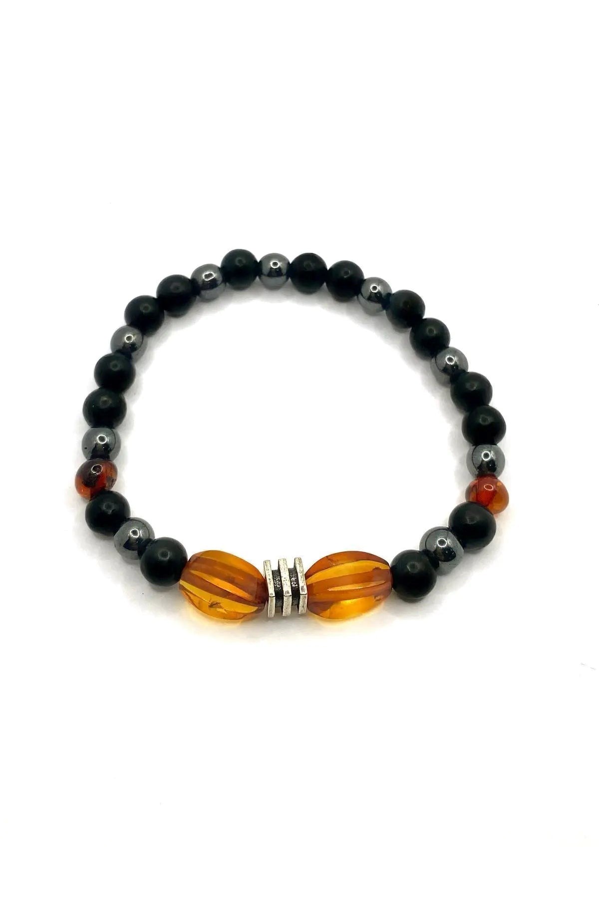 Orijinal Hakiki Kehribar - Shungite (Şungit) - Hematit Doğal Taş Misinalı Bileklik 6mm