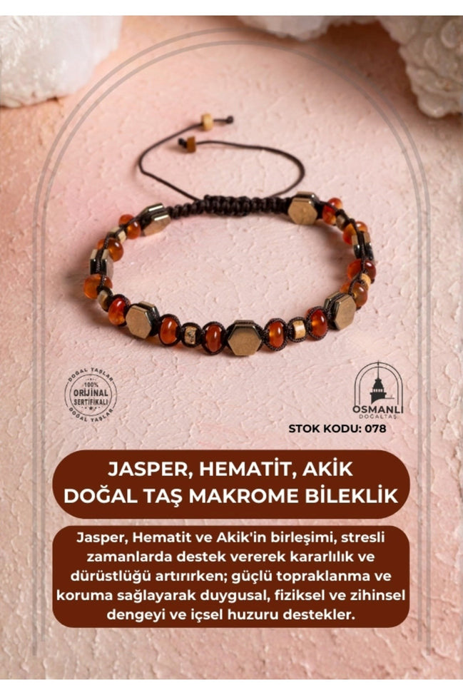 Sertifikalı Jasper, Hematit, Akik Doğal Taş Makrome Bileklik (SK:078)