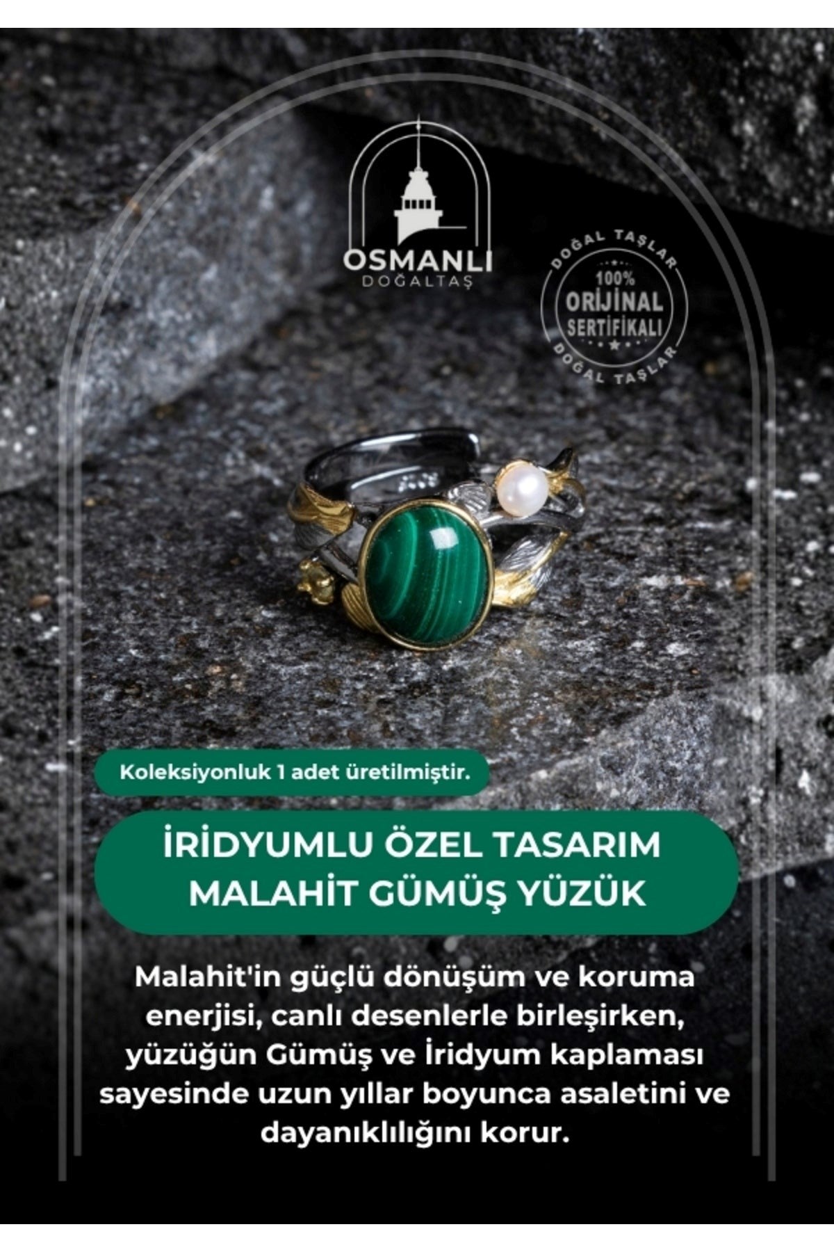 İridyumlu Özel Tasarım Malahit & İnci Gümüş Yüzük (Kadın)