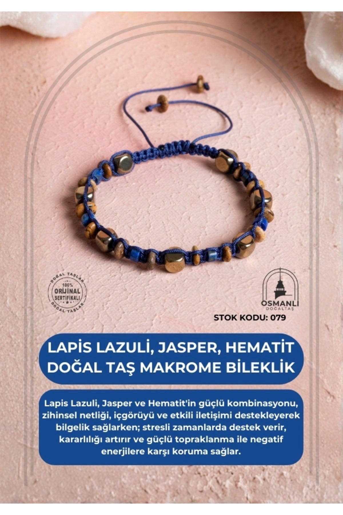 Sertifikalı Lapis Lazuli, Jasper, Hematit Doğal Taş Makrome Bileklik (SK:079)