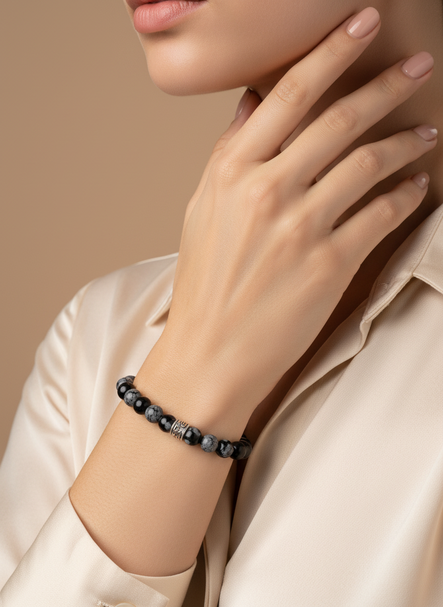Orijinal & Sertifikalı Unisex Denge Huzur Pozitif Enerji Karlı Obsidyen Doğal Taş Bileklik 8 mm