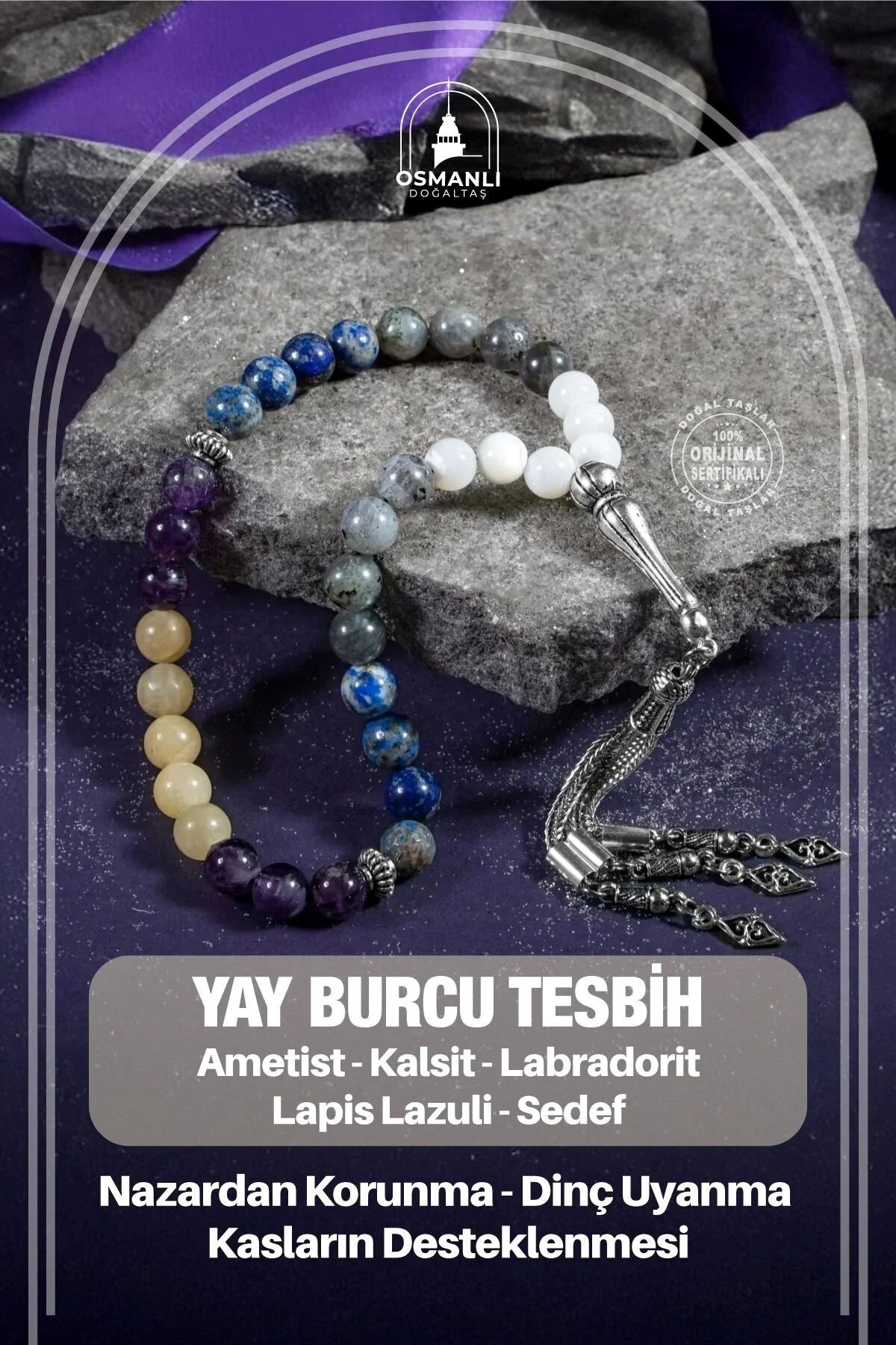 Yay Burcu Tesbih Ametist, Kalsit, Labradorit, Lapis Lazuli, Sedef