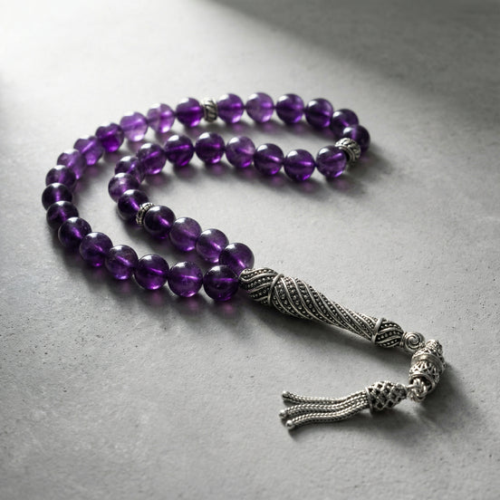 Ametist Doğal Taş Tesbih – 925 Ayar Gümüş – 8 mm Küre Kesim