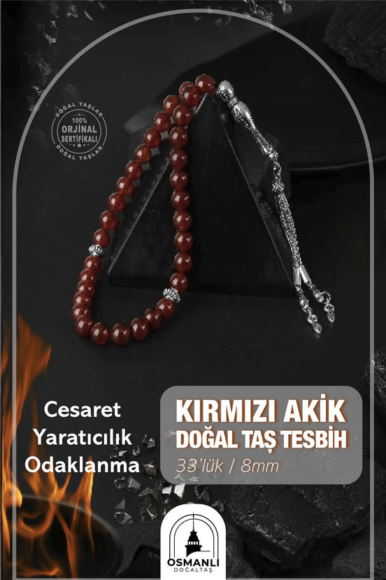 Kırmızı Akik Doğal Taş Tesbih 33lük - 8mm