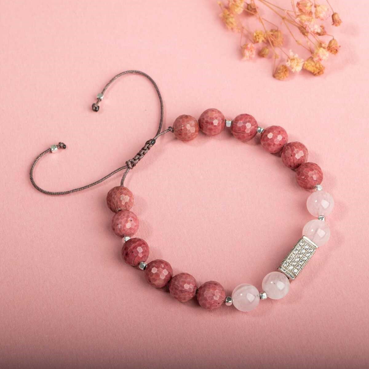 Rodonit-Pembe Kuvars Doğal Taş Zirkon Bileklik