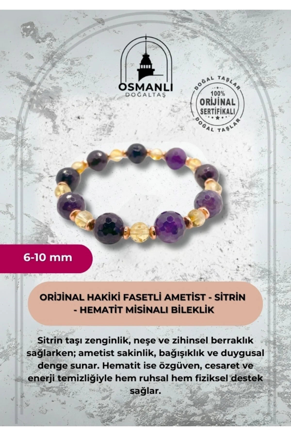 Orijinal Hakiki 10mm Fasetli Ametist - 6 mm Sitrin - Hematit Misinalı Bileklik