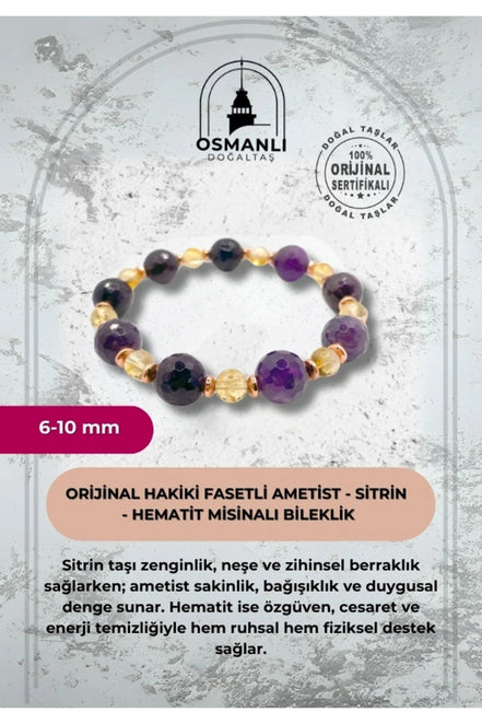 Orijinal Hakiki 10mm Fasetli Ametist - 6 mm Sitrin - Hematit Misinalı Bileklik