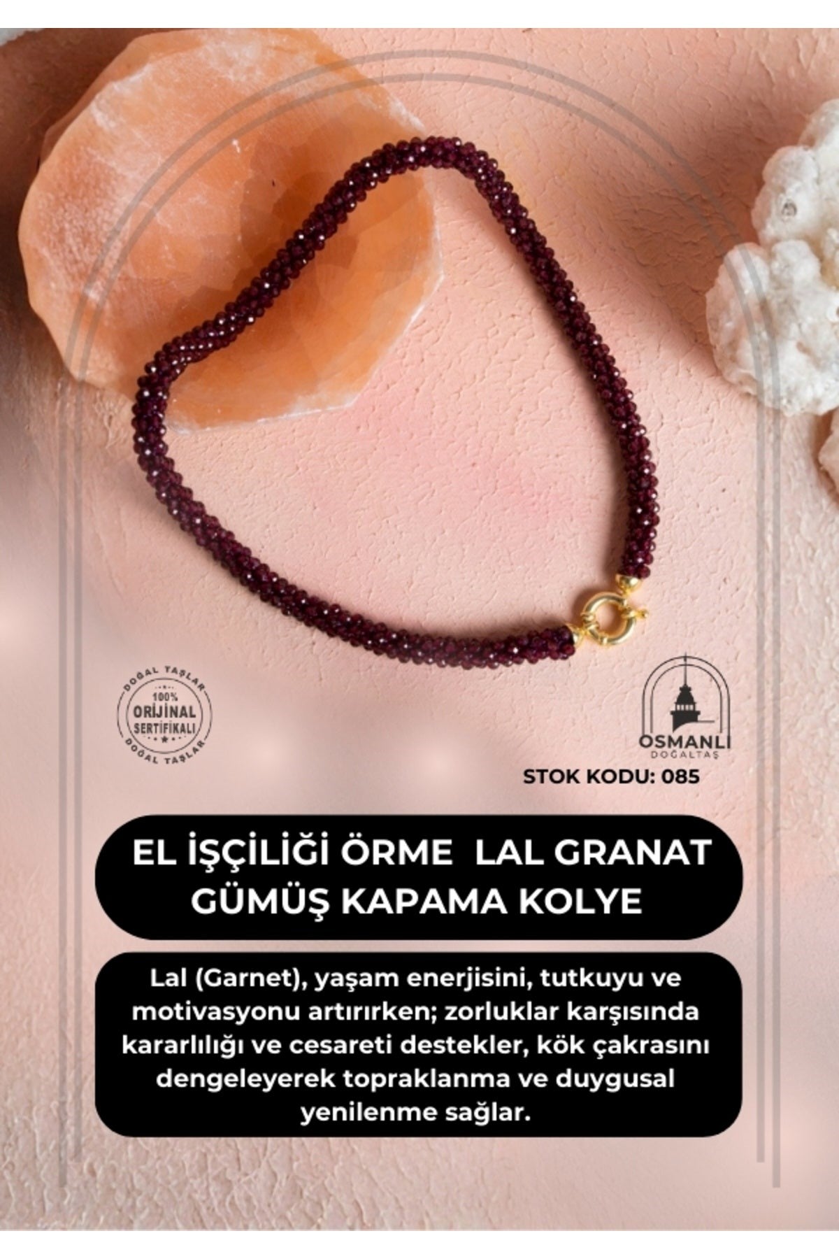 El İşçiliği Örme Lal (Granat) Gümüş Kapama Kolye (SK:085)