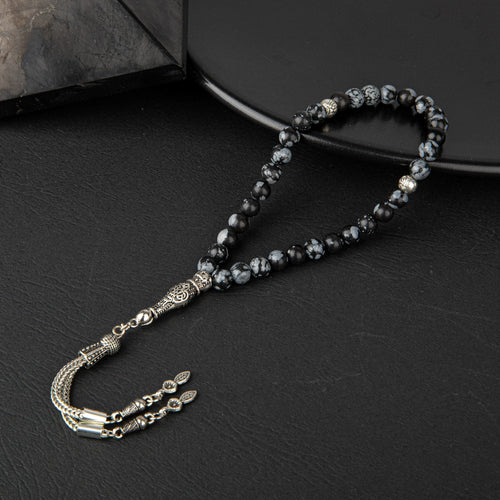 Karlı Obsidyen Doğal Taş Tesbih 33’lük – 6mm El İşçiliği