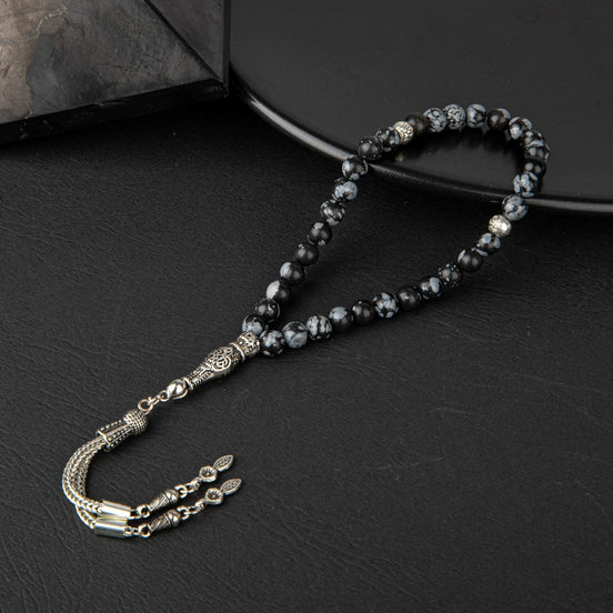 Karlı Obsidyen Doğal Taş Tesbih 33’lük – 6mm El İşçiliği