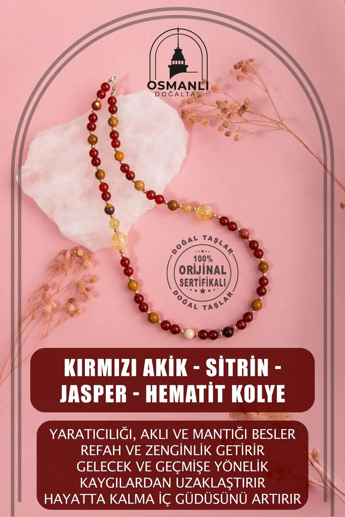Kırmızı Akik-Sitrin-Jasper-Hematit Doğal Taş Gümüş Kolye