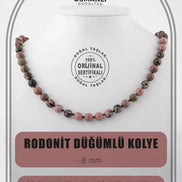 Rodonit 8 mm Düğümlü Doğal Taş Kolye