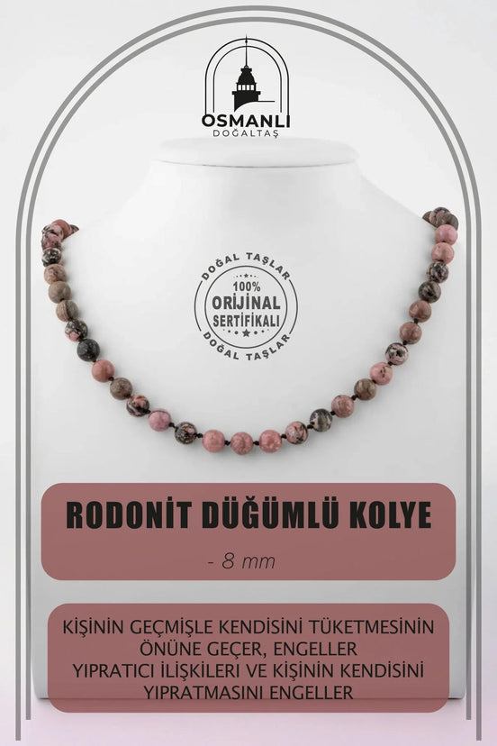 Rodonit 8 mm Düğümlü Doğal Taş Kolye