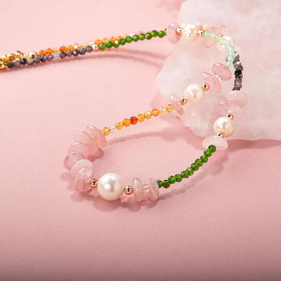 Karnelyan Akik-İyolit-Pembe Opal-İnci-Pembe Kuvars-Hematit-Diopsit-Prehnit Doğal Taş Kolye