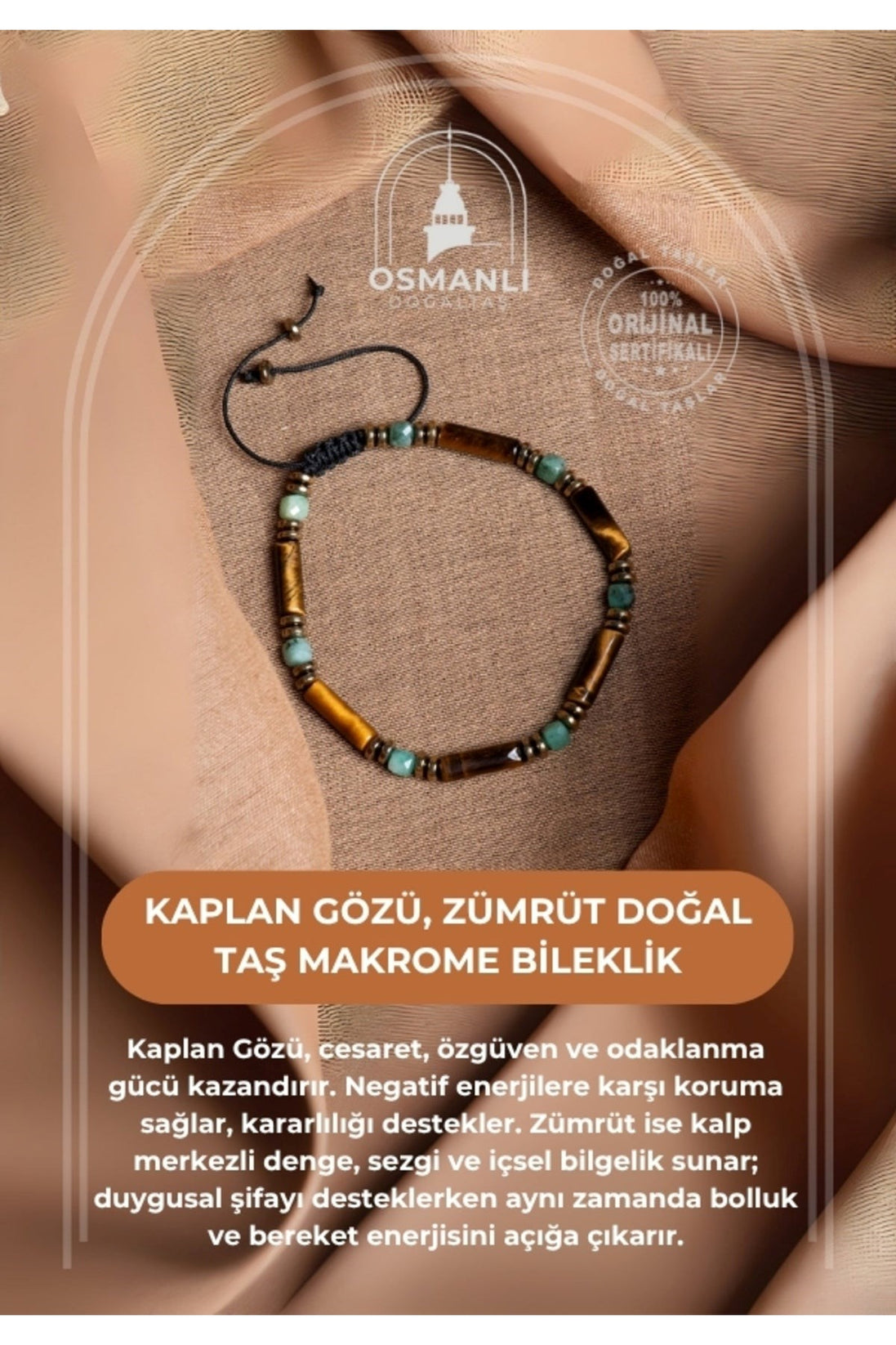 Sertifikalı Kaplan Gözü, Zümrüt Doğal Taş Makrome Bileklik