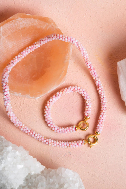 El İşçiliği Örme Pembe Opal Gümüş Kapama Set (SK:106)