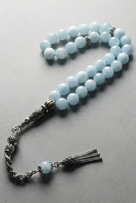 Akuamarin Doğal Taş Tesbih – 925 Ayar Gümüş – 8 mm Küre Kesim