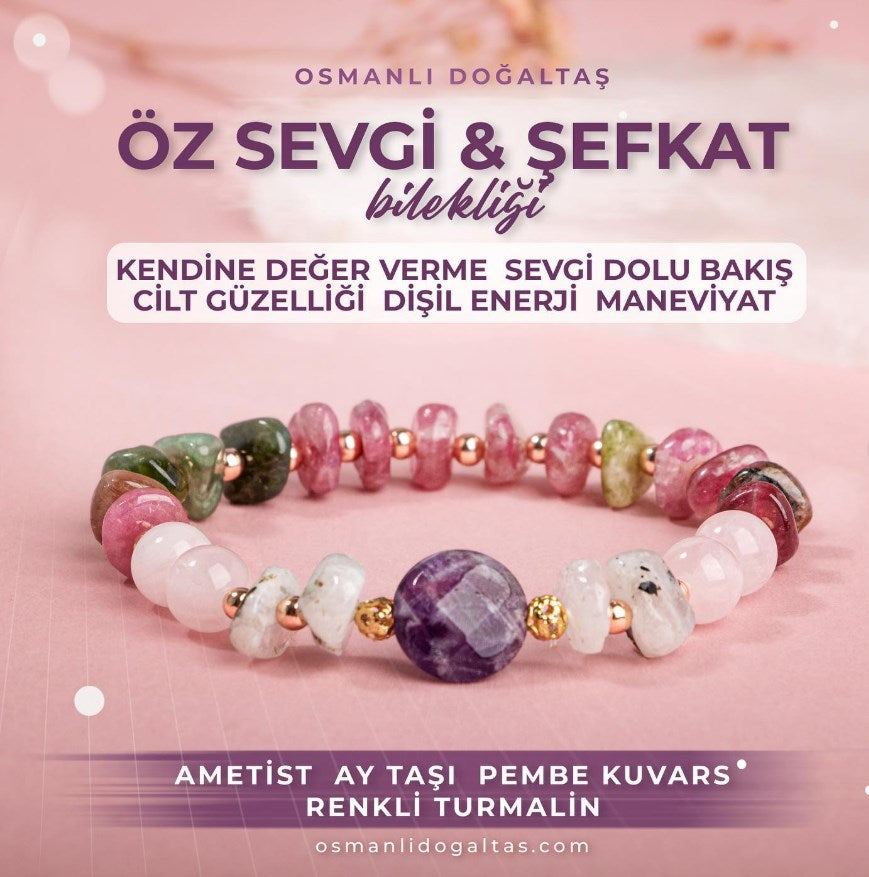 Ametist-Ay Taşı-Pembe Kuvars-Renkli Turmalin Doğal Taş Bileklik