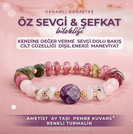 Ametist-Ay Taşı-Pembe Kuvars-Renkli Turmalin Doğal Taş Bileklik