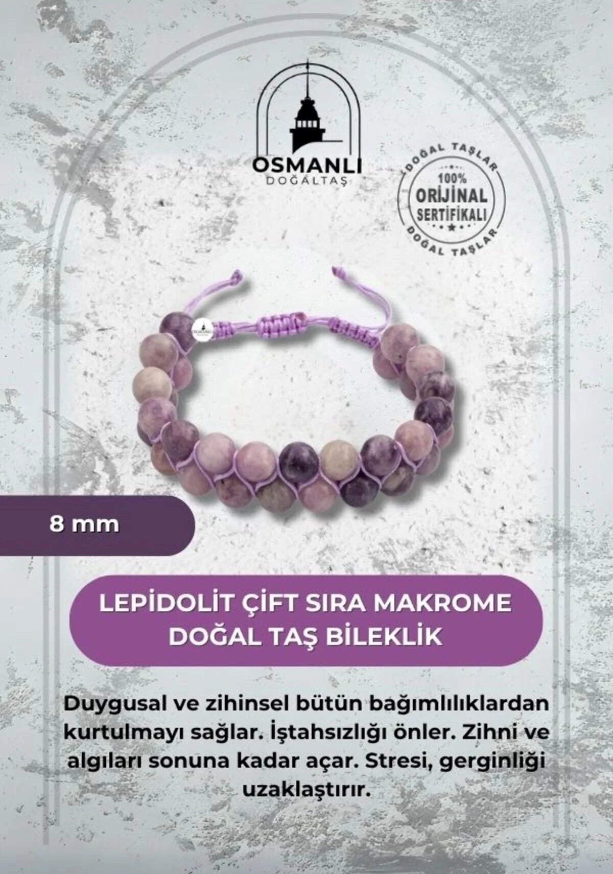 Lepidolit 8mm Çift Sıra Makrome Doğal Taş Bileklik