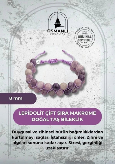 Lepidolit 8mm Çift Sıra Makrome Doğal Taş Bileklik