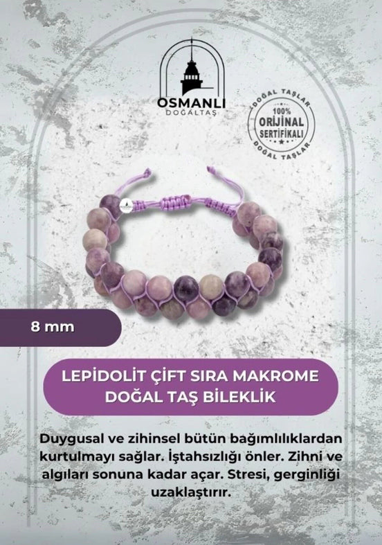 Lepidolit 8mm Çift Sıra Makrome Doğal Taş Bileklik