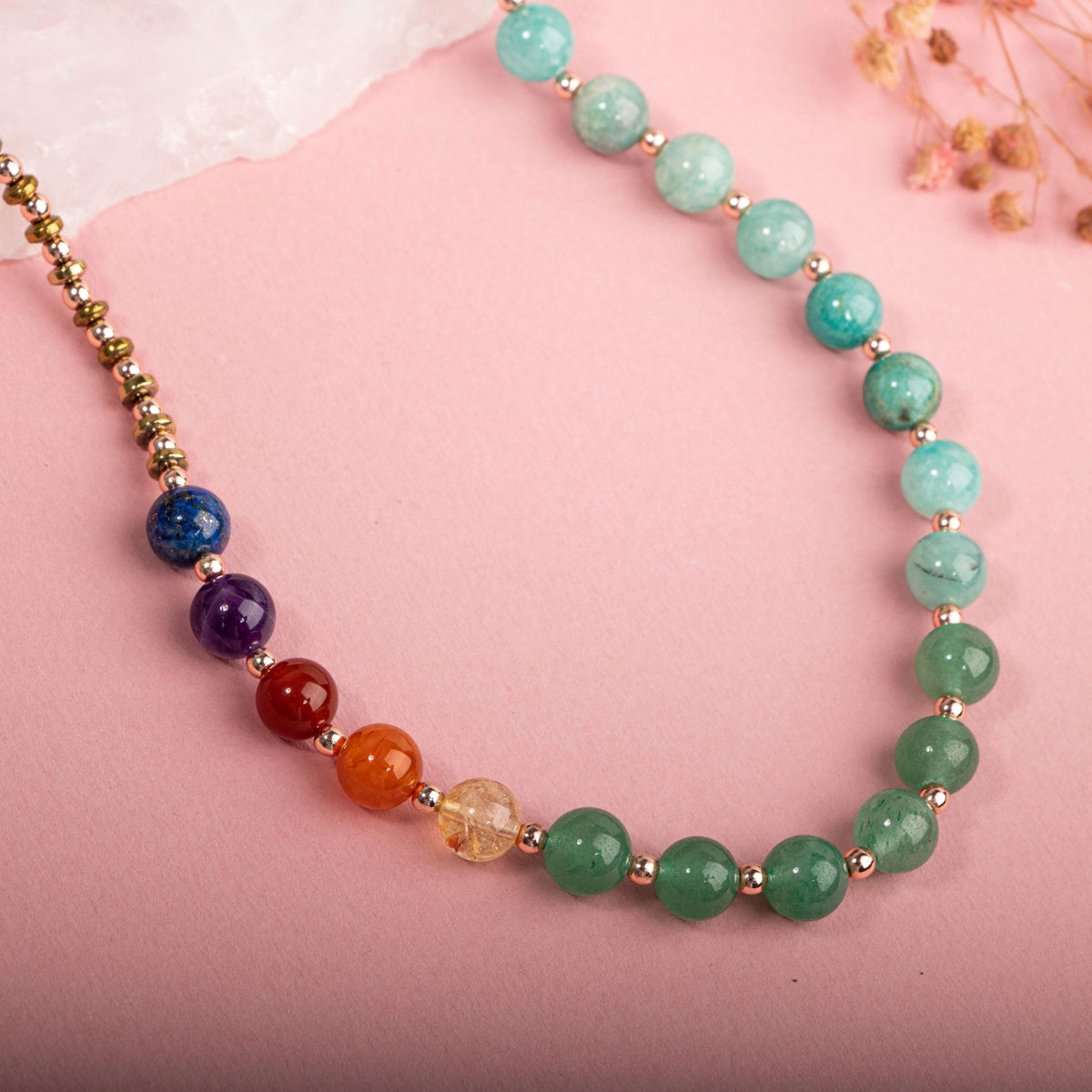 Amazonit, Aventurin, Sitrin, Karnelyan Akik, Kırmızı Akik, Ametist & Lapis Lazuli Doğal Taş Kolye – Özel Tasarım (50 cm)