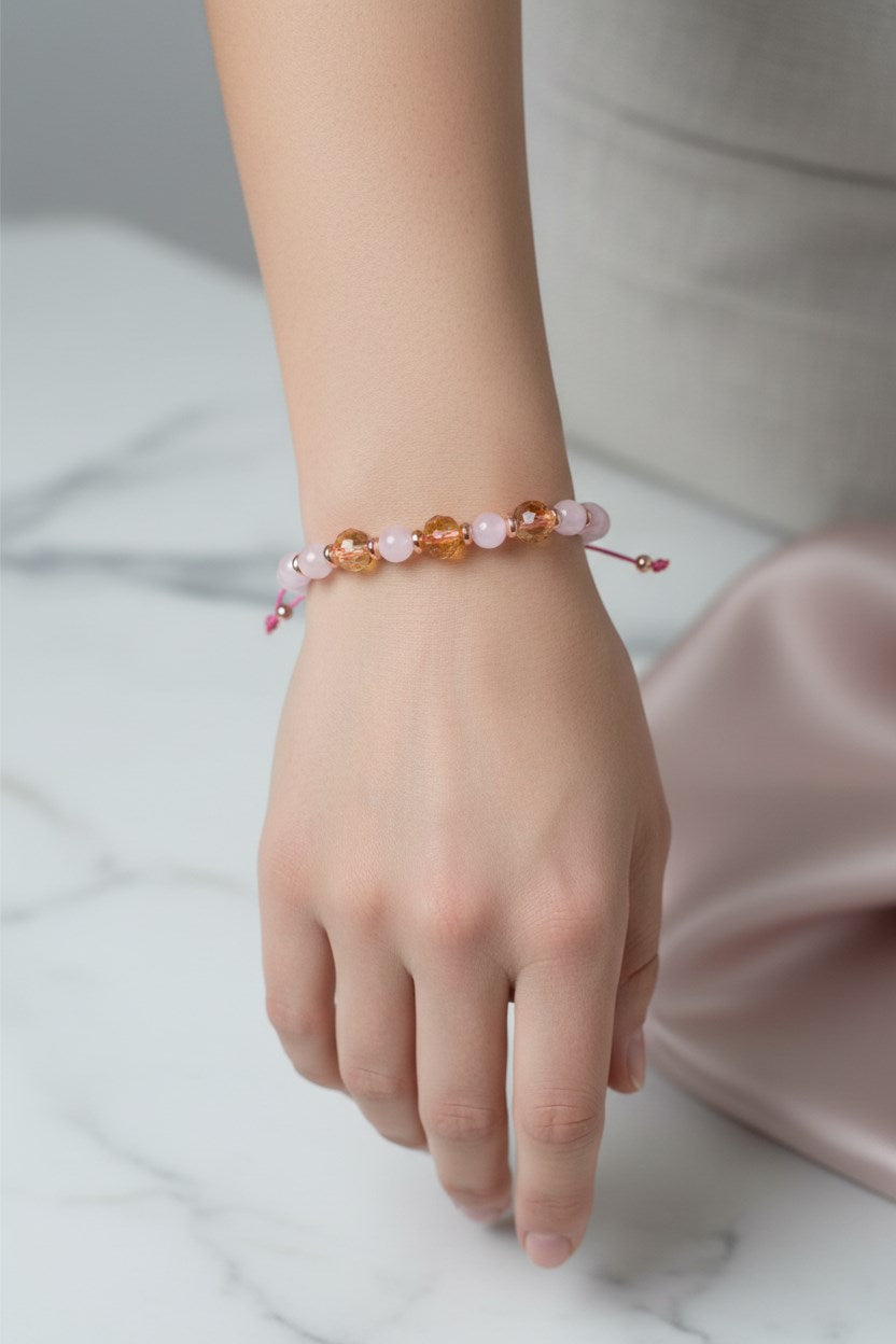 Pembe Kuvars ve Sitrin Fasetli Doğal Taş Bileklik – Unisex Şık Tasarım