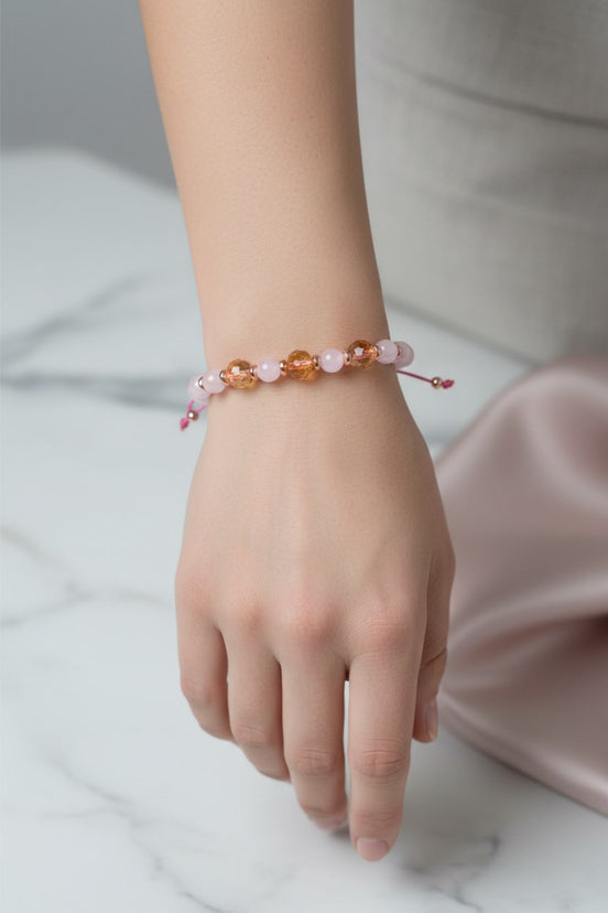 Pembe Kuvars ve Sitrin Fasetli Doğal Taş Bileklik – Unisex Şık Tasarım