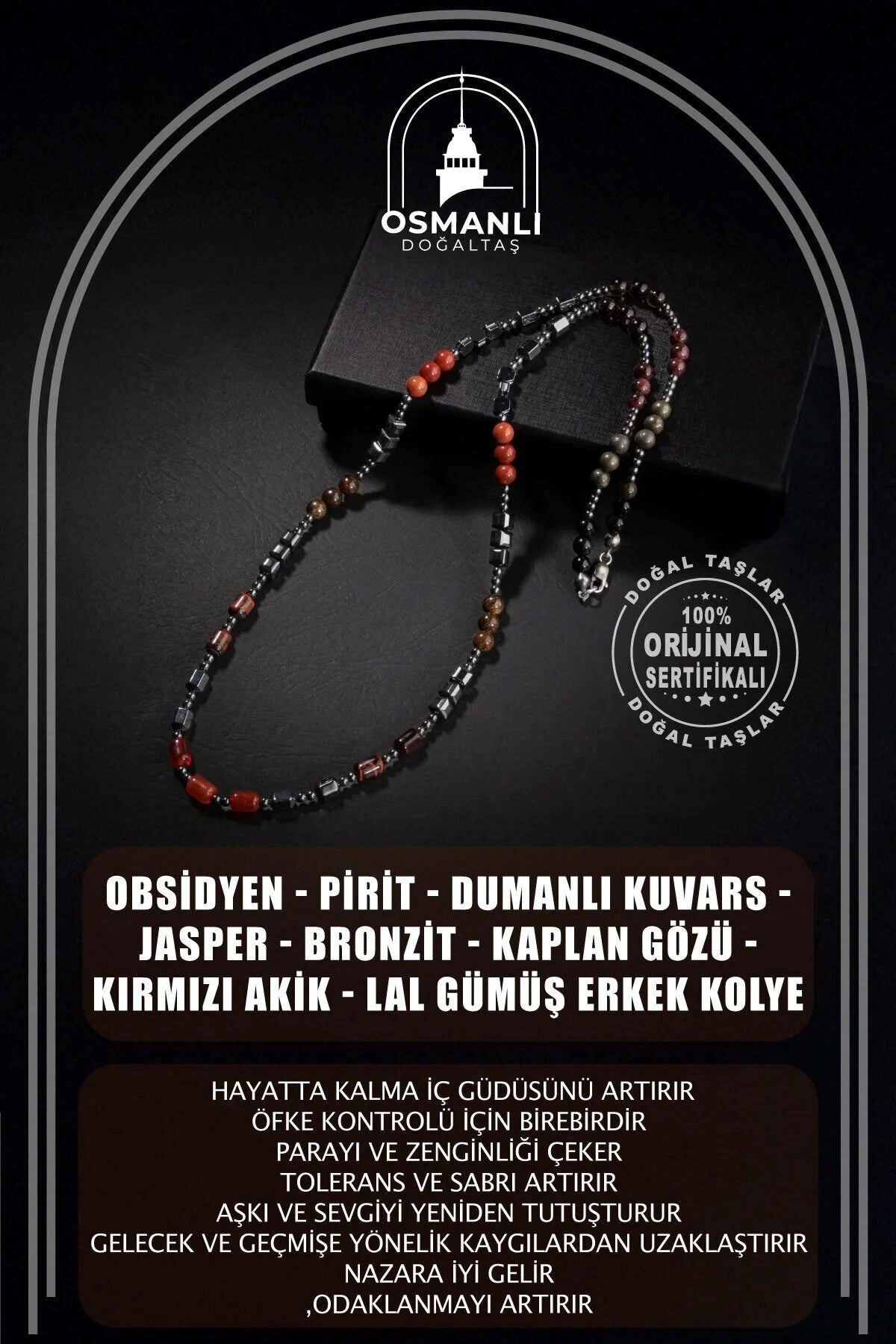 Obsidyen-Pirit-Dumanlı Kuvars-Jasper-Bronzit-Kaplan Gözü-Kırmızı Akik-Lal Taşı-Hematit Doğal Taş Erkek Tasarım Kolye